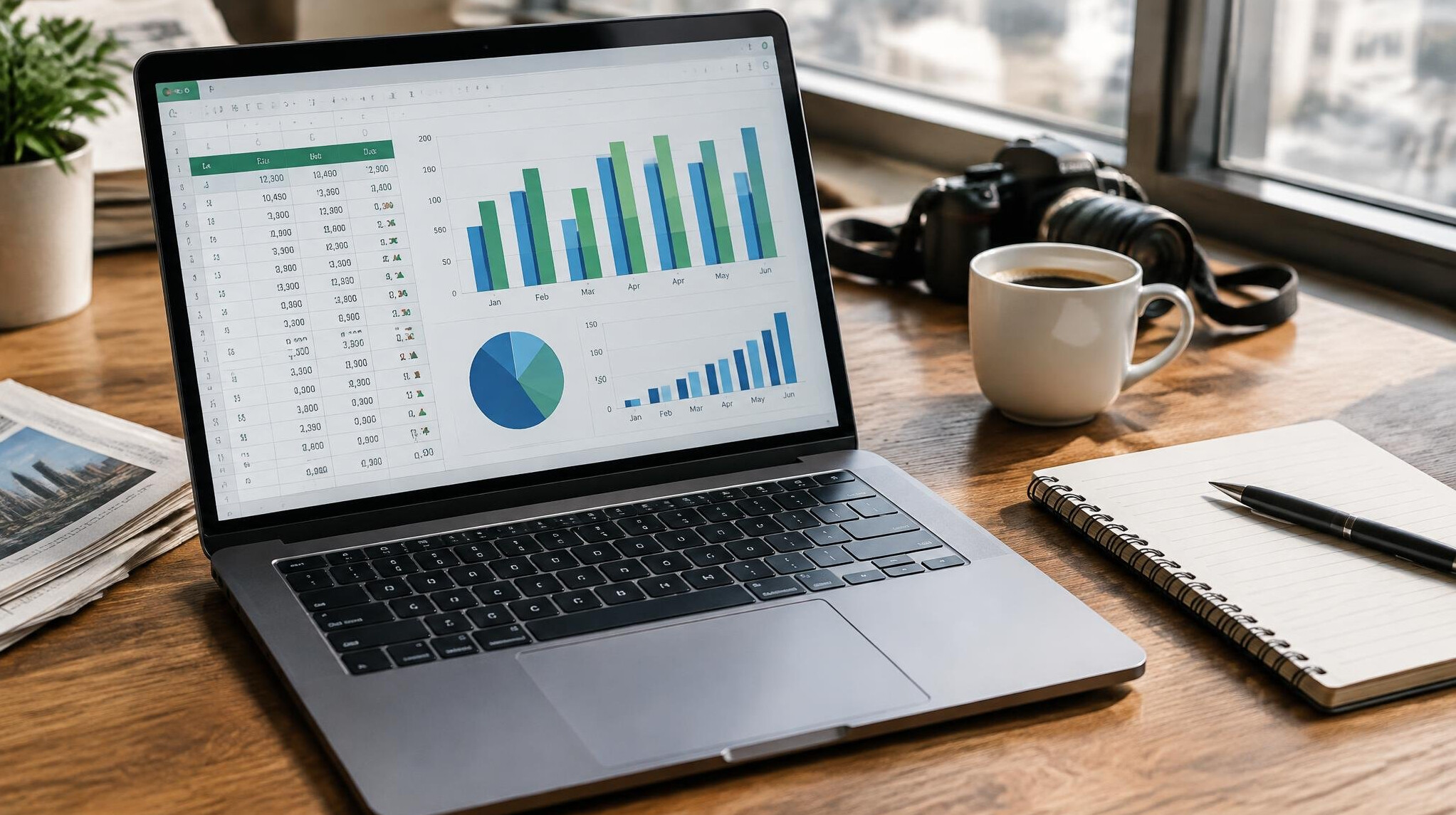 Laptop displaying financial spreadsheets and charts on a journalist's desk