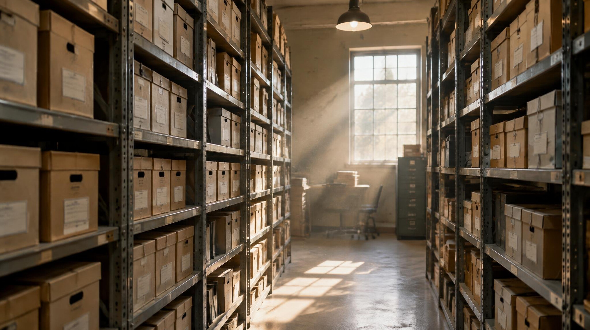 Archive room with rows of document boxes and shelves
