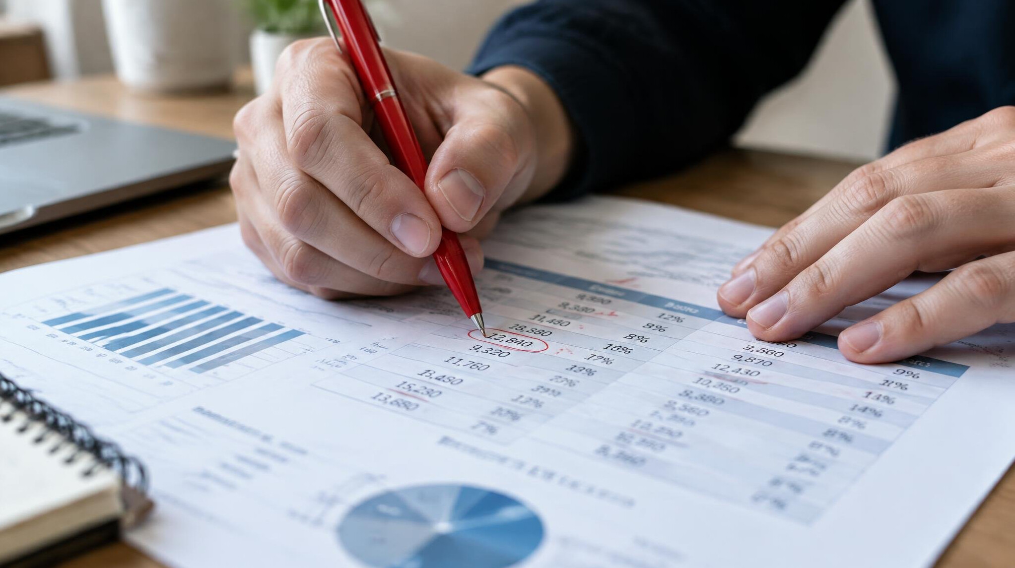 Close-up of hands reviewing printed documents with red pen annotations