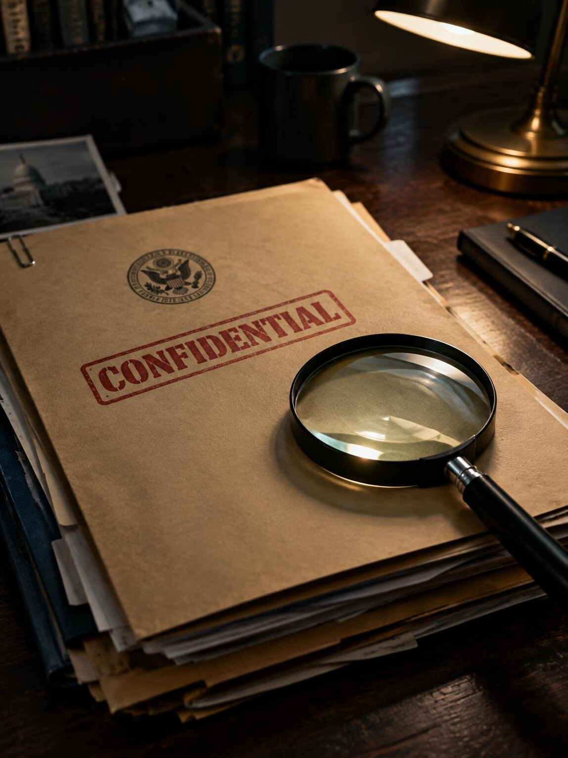 Stack of confidential government documents with a magnifying glass on a desk