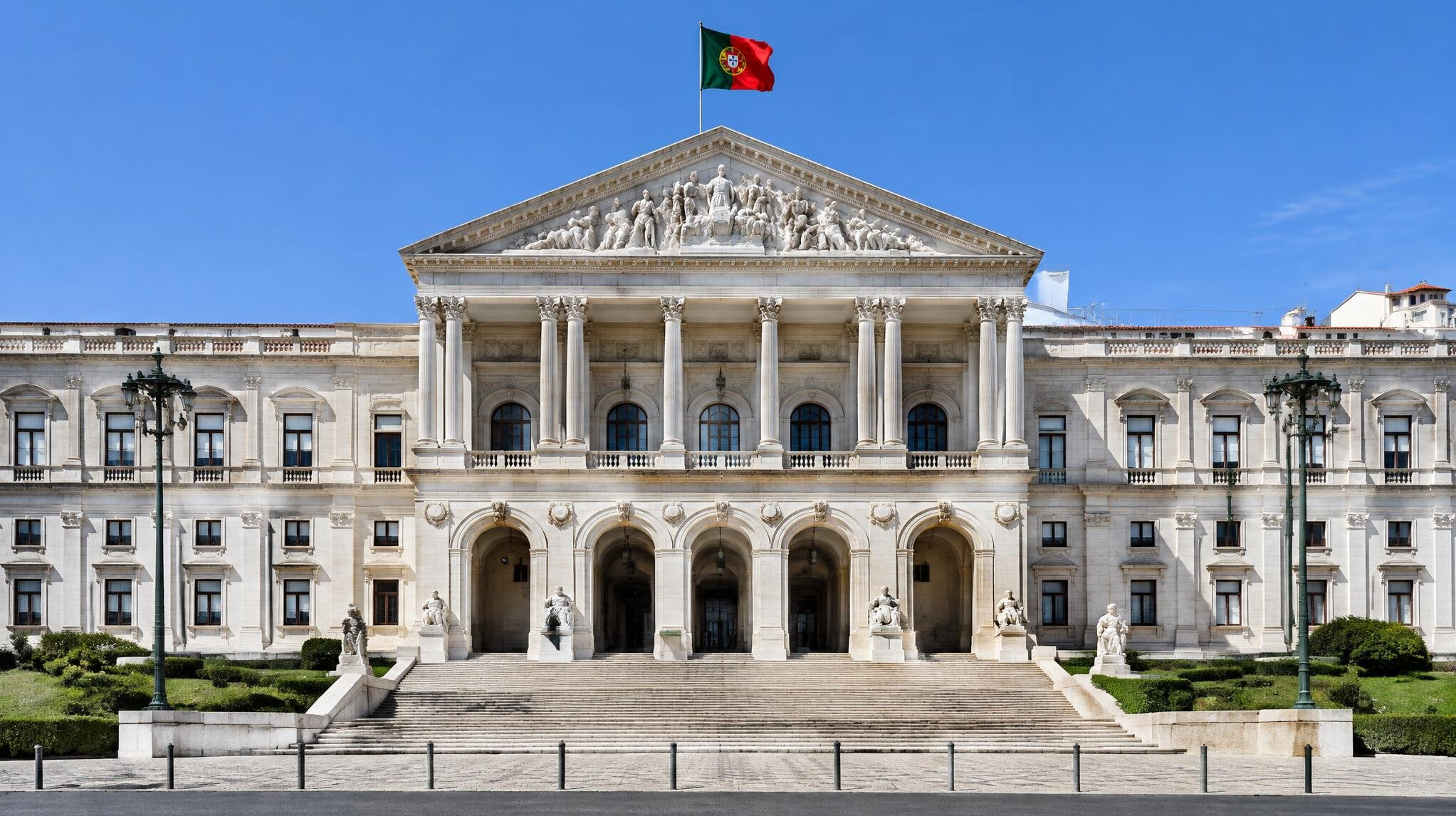 Exterior of the Portuguese Parliament building in Lisbon under daylight